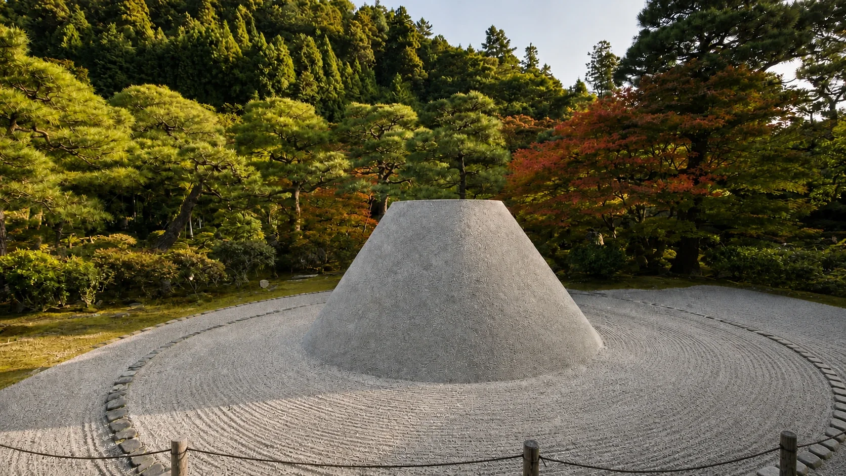 Een gevormde grindheuvel in een Japanse tuin.
