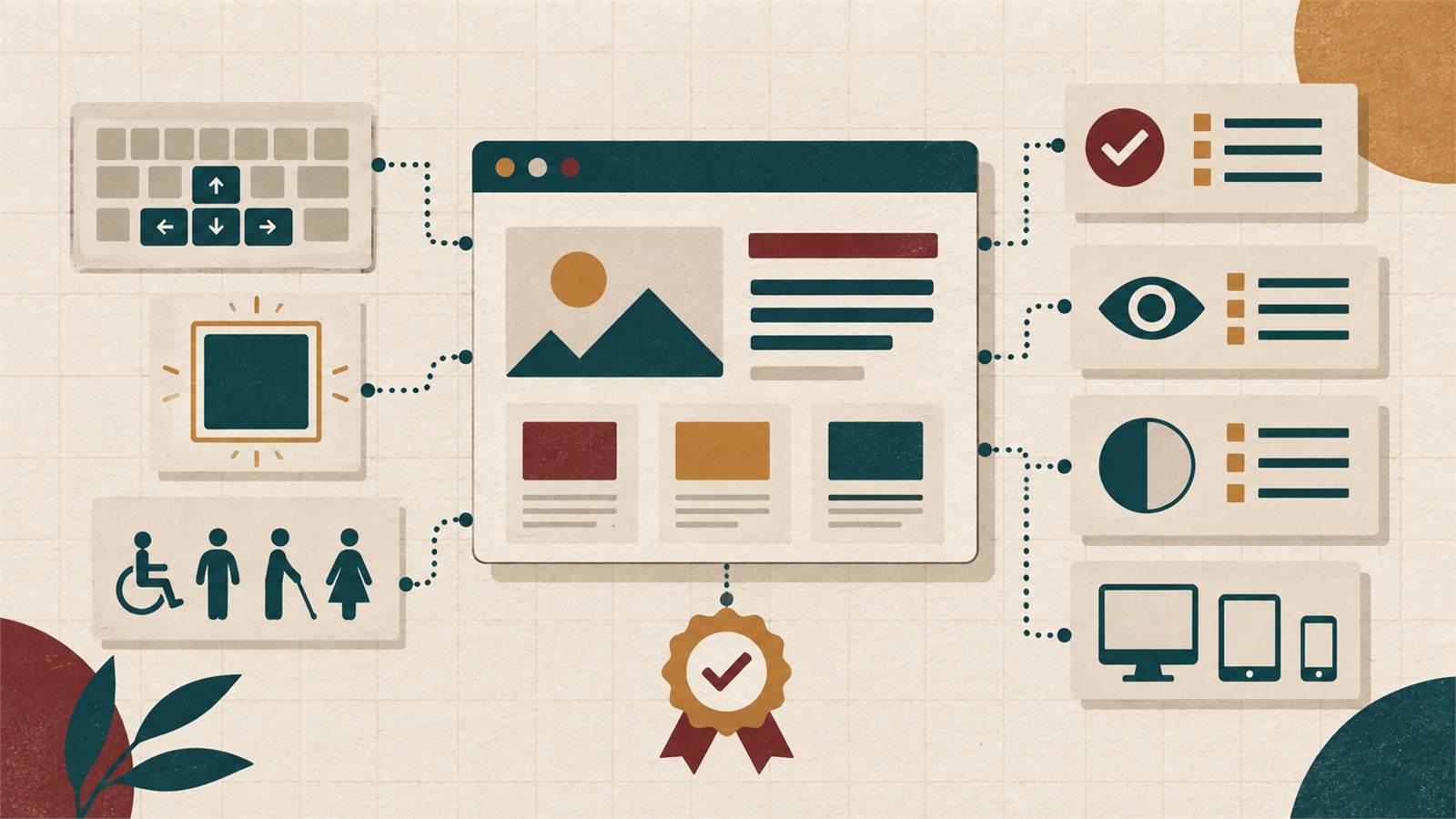 Inclusive website interface illustration showing keyboard, content and form access