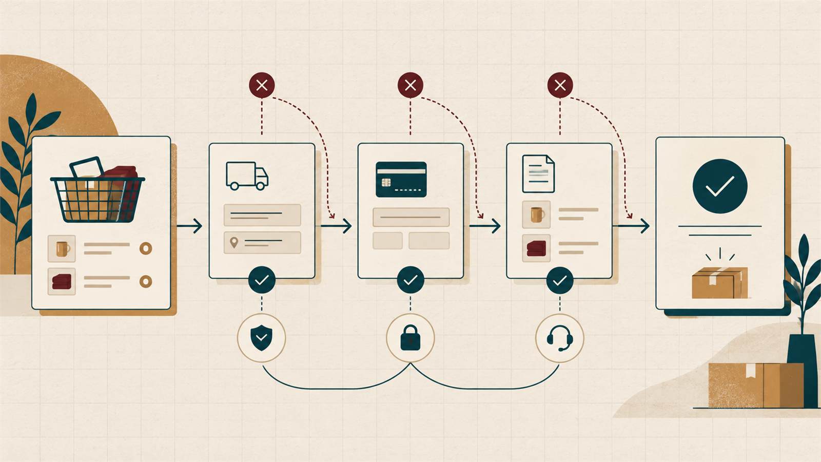 Checkout journey illustration with progressively simplified steps