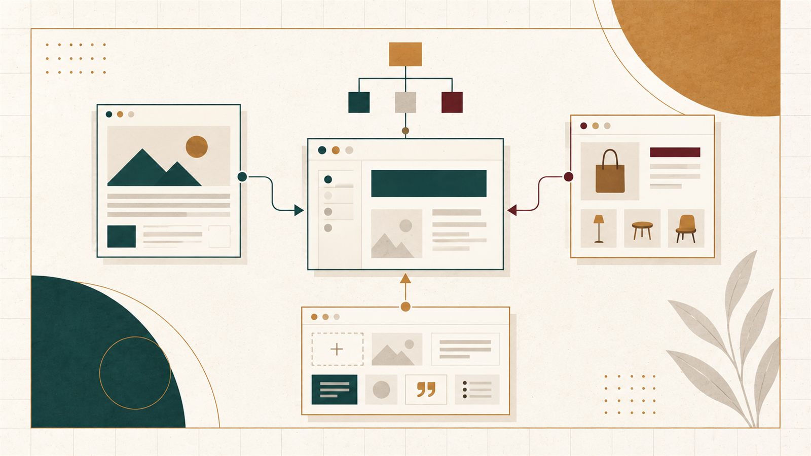 Editorial illustration comparing connected CMS structures and publishing workflows