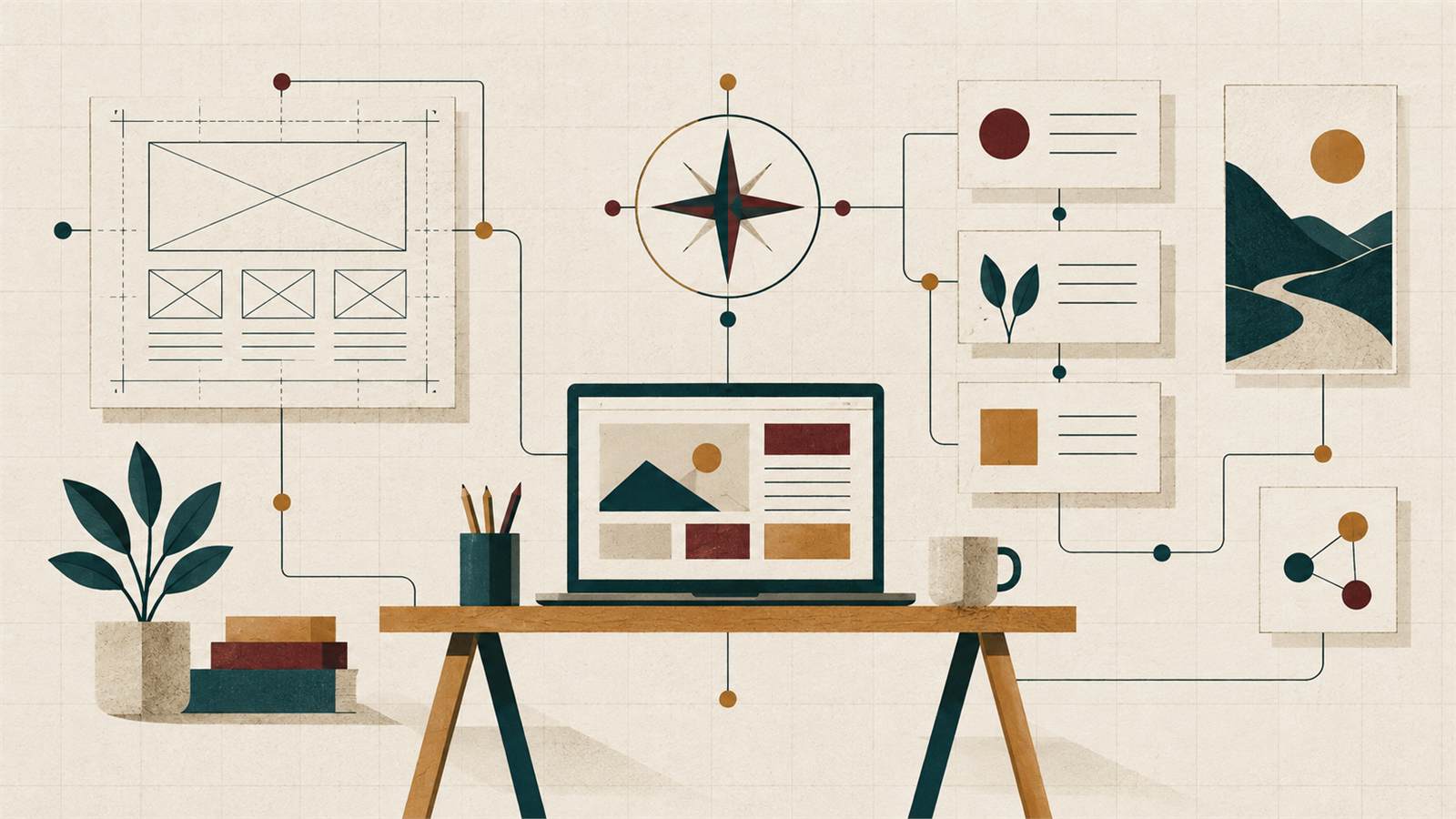 Abstract editorial illustration representing the origins and mission of Kanso Sites