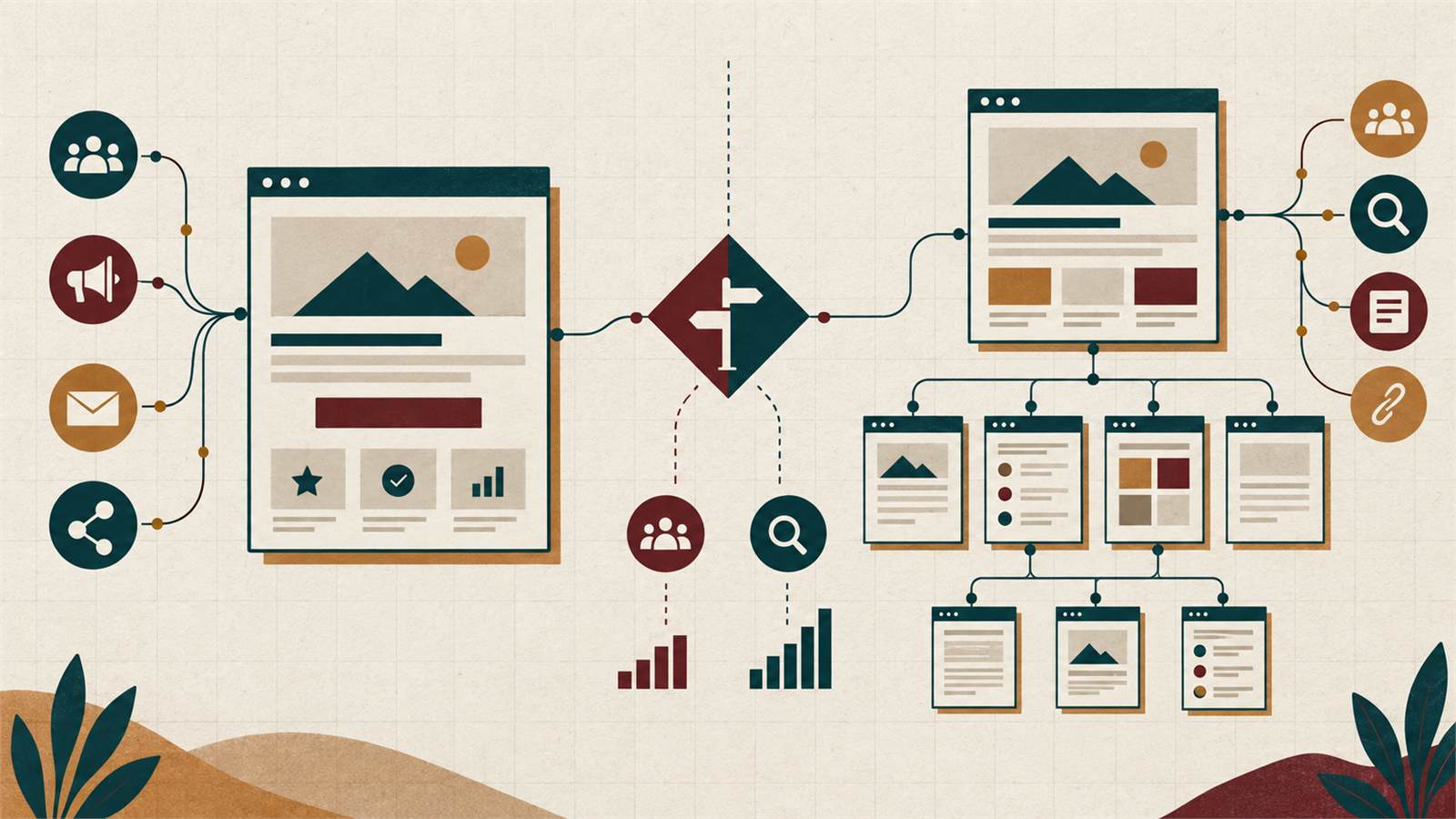 Kanso-style illustration comparing a focused landing page with a structured website
