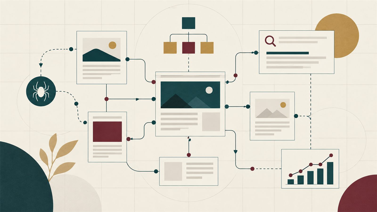 Een redactionele illustratie van verbonden webpagina's, zoekpaden en meetgegevens voor SEO
