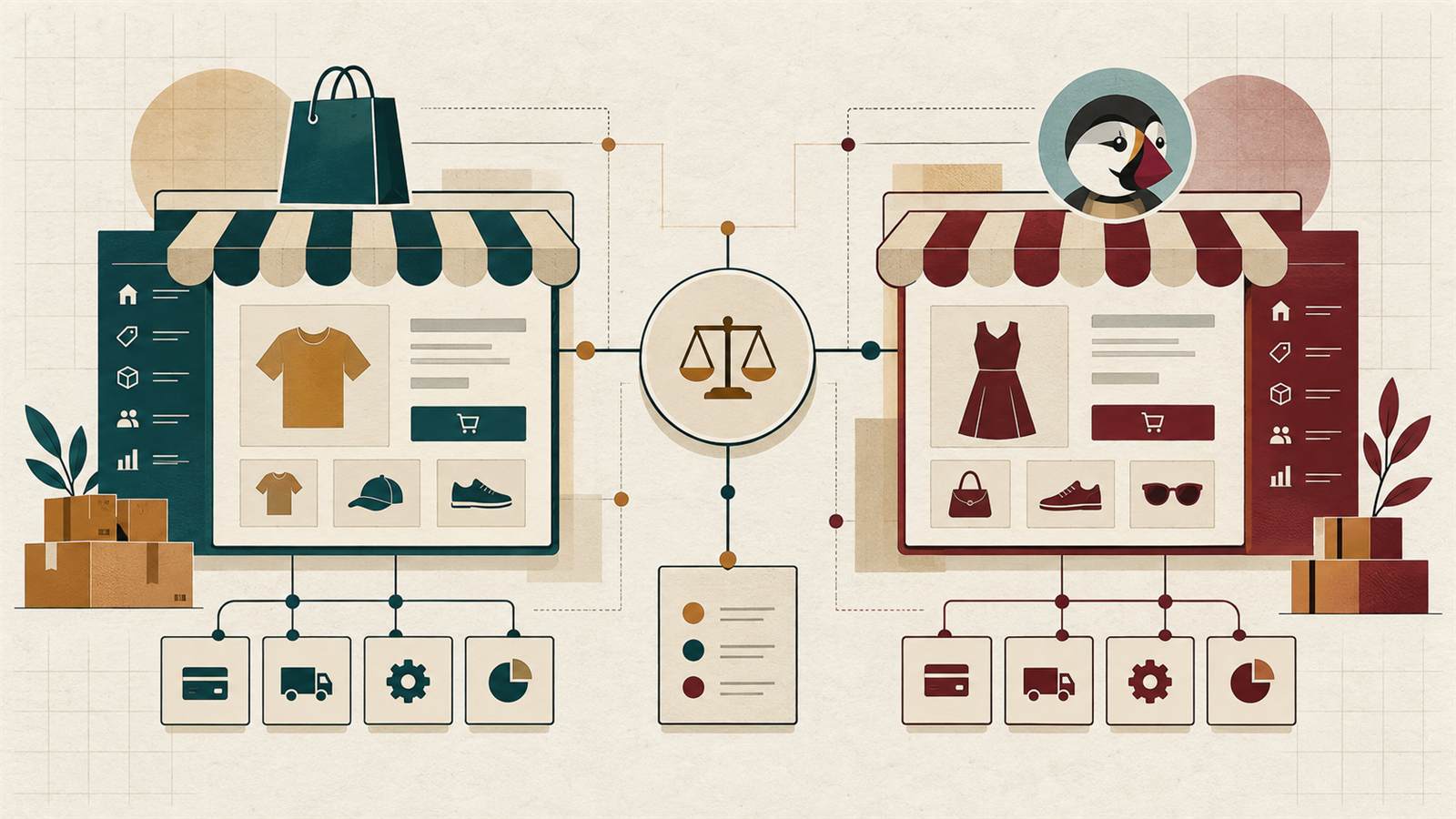 E-commerce platform comparison illustration for Shopify and PrestaShop
