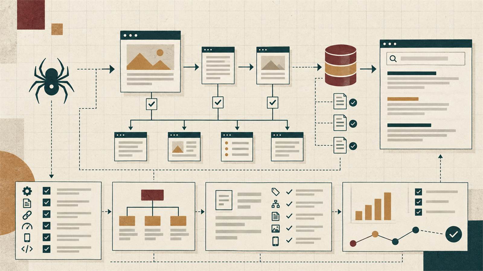 Technische SEO-illustratie met crawling, indexering en paginasignalen