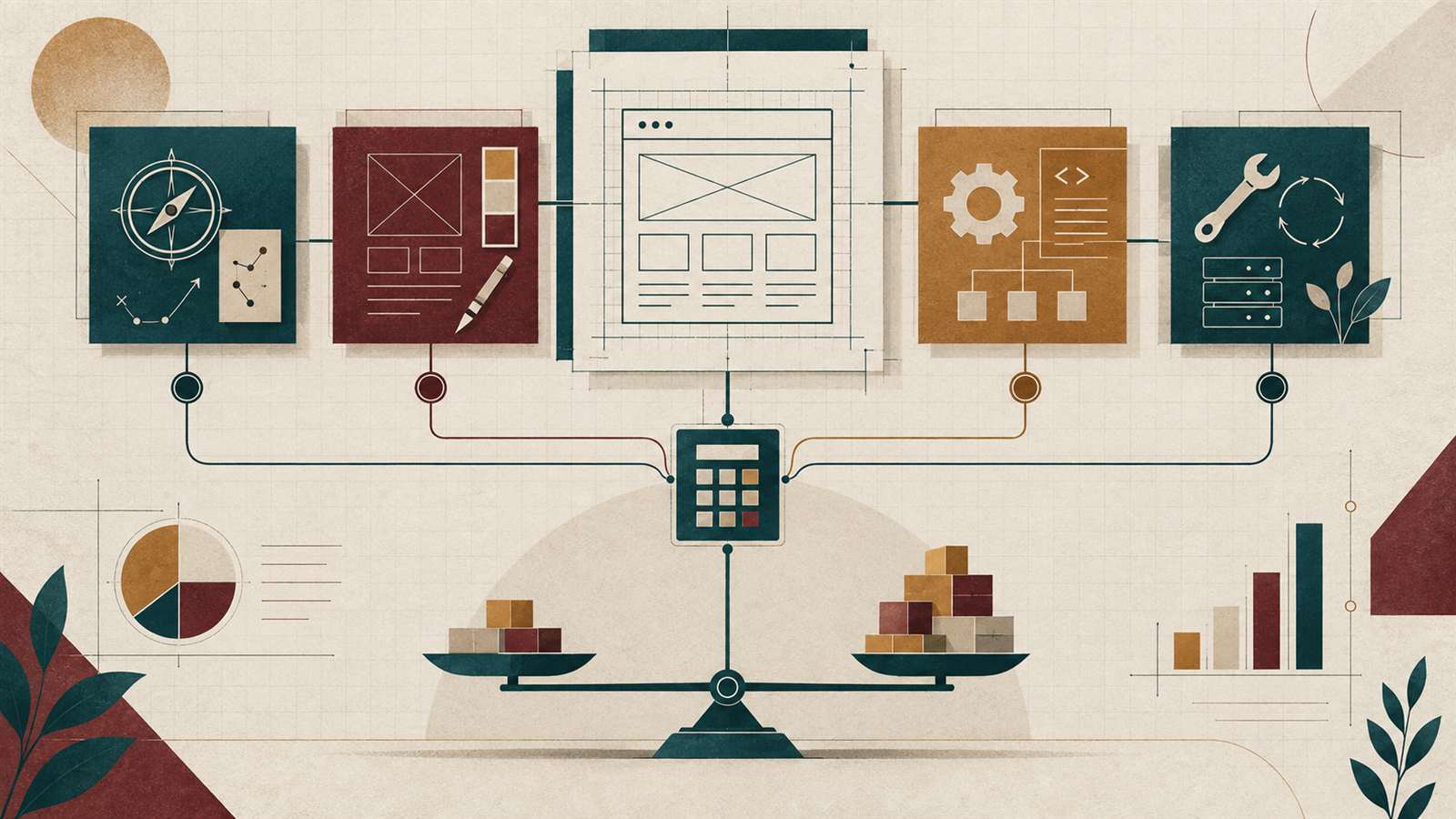 Abstract Kanso-style illustration comparing website scope, decisions and investment