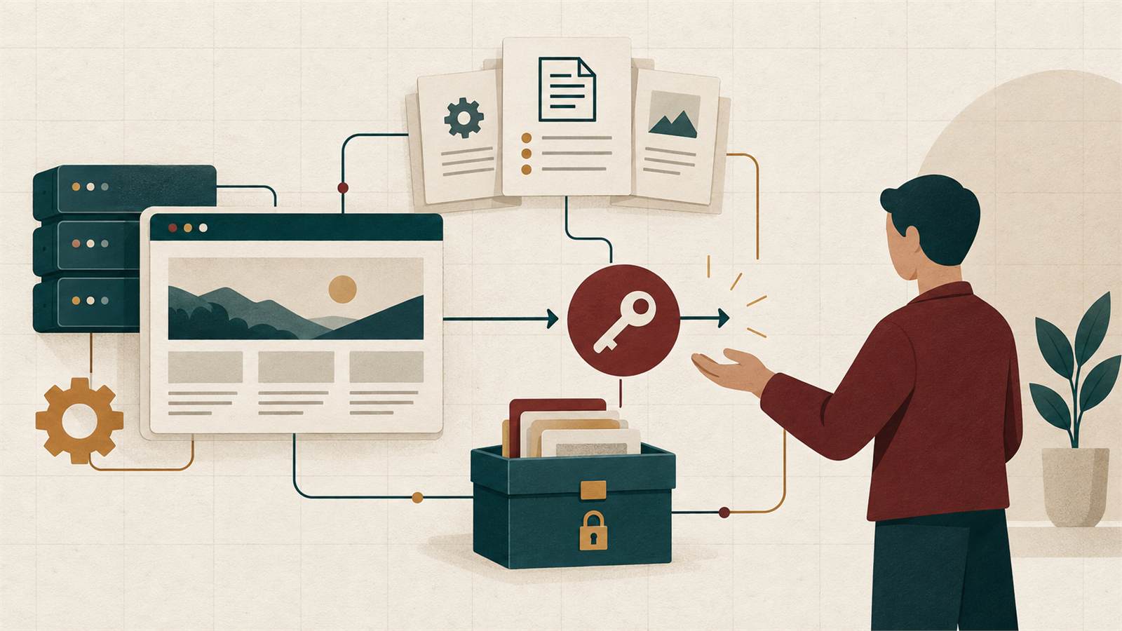 Kanso-style illustration of website knowledge and ownership being transferred