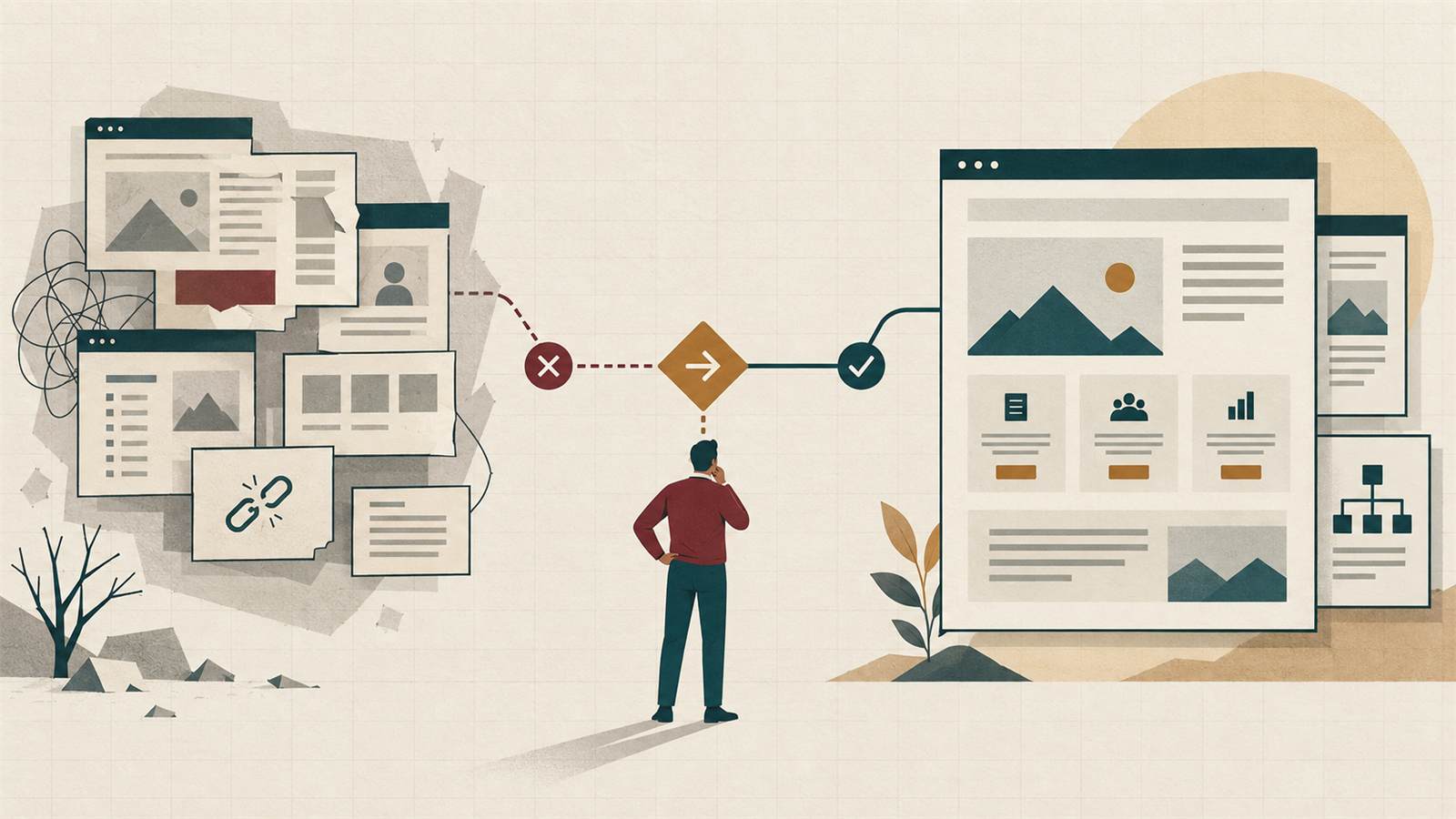 Kanso-style illustration showing an outdated website transforming into a clearer system